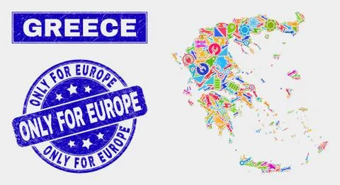Collage Service Greece Map and Scratched Only for Europe Stamp Illustrazione stock