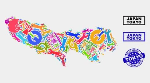 Collage of Service Tokyo Prefecture Map and Quality Product Stamp Stock Illustration