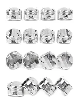 Collage of a set of four polished chrome forged pistons Illustrazione stock