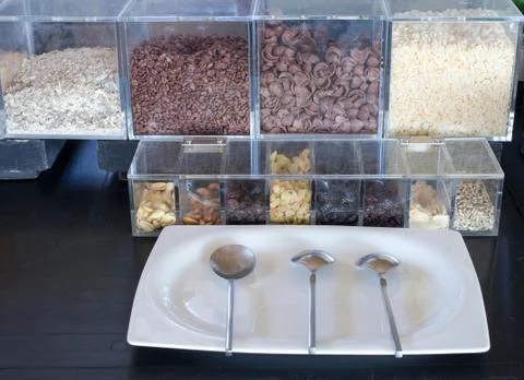 Collage (set) from many cornflake in box for breakfast Stock Photos