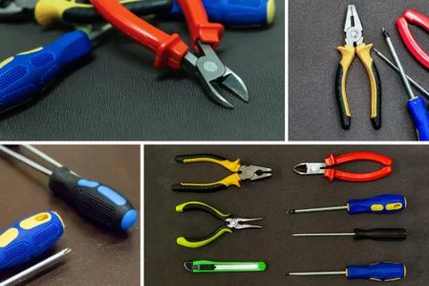Collage set tool kit screwdriver nippers green cell building design base Fotos de archivo