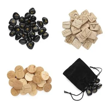 Collage with sets of black stone and wooden runes on white background, top .. Stock Photos