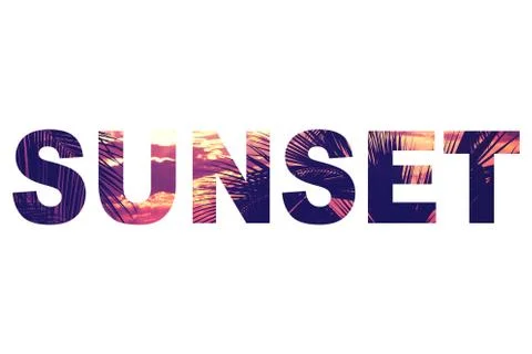 Collage in shape of word SUNSET islolated on white background Stock-Fotos