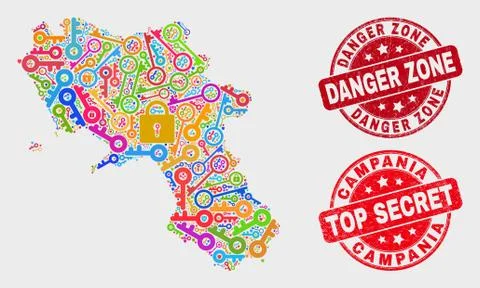 Collage of Shield Campania Region Map and Distress Danger Zone Watermark Illustrazione stock