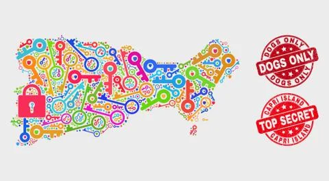 Collage of Shield Capri Island Map and Distress Dogs Only Seal Illustrazione stock