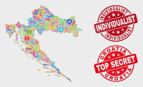 Collage of Shield Croatia Map and Scratched Individualist Watermark Stock Illustration