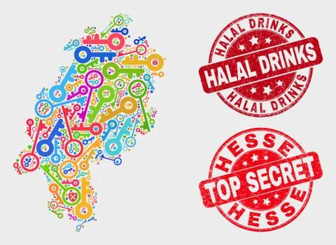 Collage of Shield Hesse Land Map and Distress Halal Drinks Seal Stock Illustration