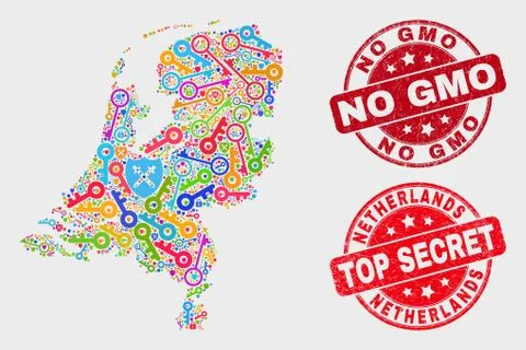 Collage of Shield Netherlands Map and Scratched No GMO Watermark Stock Illustration