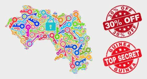 Collage of Shield Republic of Guinea Map and Scratched 30% Off Watermark Illustrazione stock