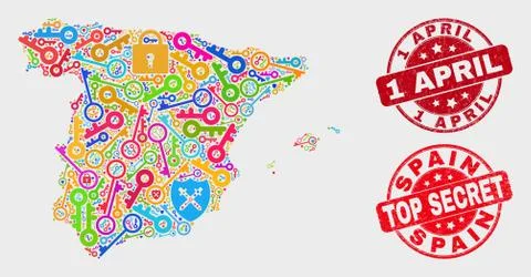 Collage of Shield Spain Map and Scratched 1 April Stamp Stock Illustration