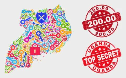 Collage of Shield Uganda Map and Grunge 200.00 Stamp Seal Stock Illustration