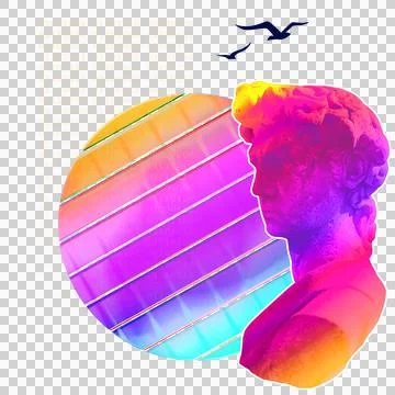 Collage is showing neon bust on code circle, bird silhouettes on transparent Stockillustratie