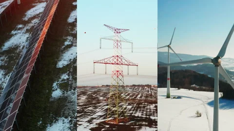 Collage showing solar panels, wind turbine and transmission lines in snowy Stock Footage 342939235