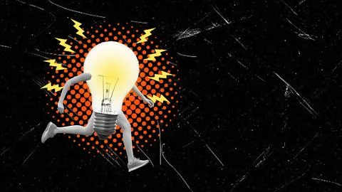 A collage shows a light bulb with arms and legs running on a dark background. Stock Illustration