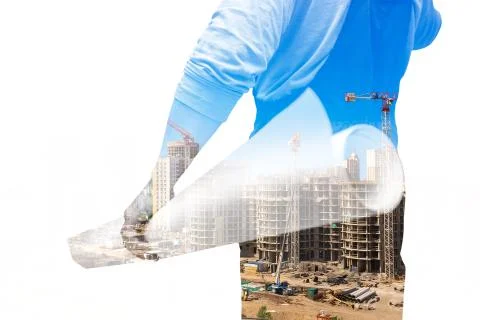 Collage of silhouette construction worker in uniform holds technical Stock Photos