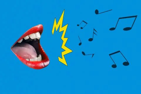 Collage with a singing mouth and notes. Shouting mouth and notes. Stock Photos