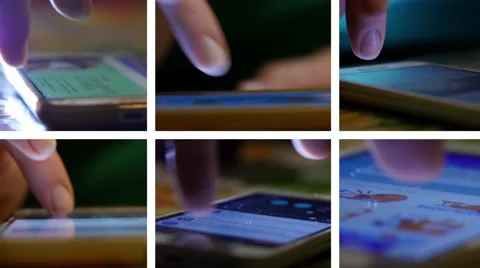 Collage of sliding typing smartphone display surfing internet Stock Footage 59338155