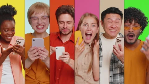 Collage of smiling happy people men women use mobile smartphone celebrating win Stock Footage 304798568
