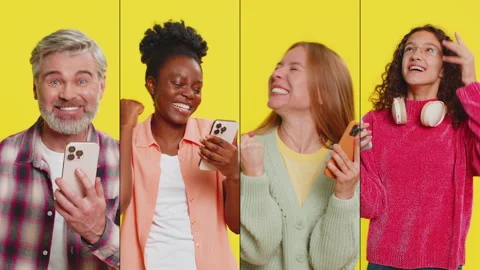 Collage of smiling happy people men women use mobile smartphone celebrating win Stock Footage 306646060