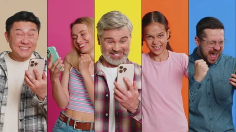 Collage of smiling happy people men women use mobile smartphone celebrating win Stock Footage 313807907