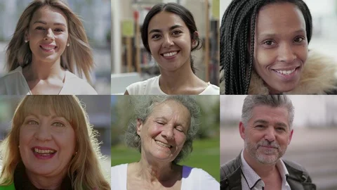 Collage of smiling multiethnic people standing on street Video stock 118230812