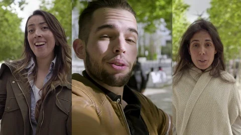 Collage of smiling people talking at camera Video stock 108509484