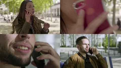 Collage of smiling people talking by cell phones Stock Footage 108509418