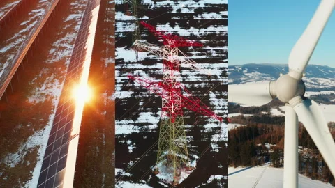 Collage of solar power plant, wind turbine propeller and power lines in winter Stock Footage 342933085