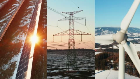 Collage of solar power plant, wind turbine and electricity transmission lines Stock Footage 342933441
