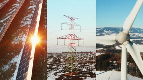 Collage with solar power plant, wind turbine propeller and transmission lines Stock Footage 342938978