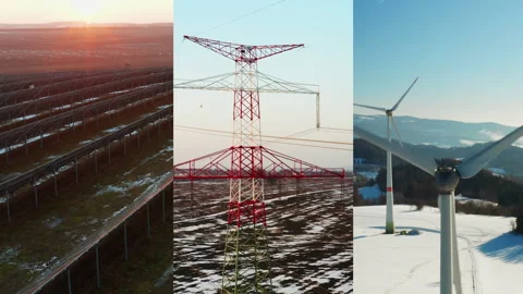 Collage of solar power station, power transmission lines and wind turbines in Stock Footage 342930362