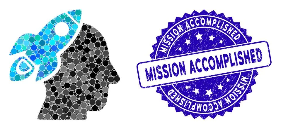 Collage Space Rocket Thinking Head Icon with Distress Mission Accomplished Stamp Ilustración de archivo