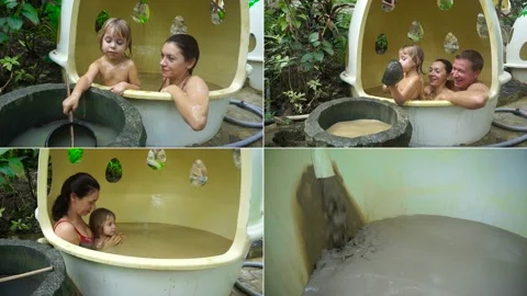 Collage, split screen. Mud baths in a Vietnamese resort. The family receives  Video stock 141524713
