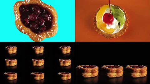 Collage, split screen. Various cakes and cake pieces rotate. Decorative color Stock Footage 141523901