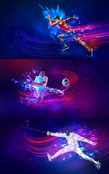 Collage. Sprinter in motion, with his form breaking into polygonal shapes and 스톡 사진