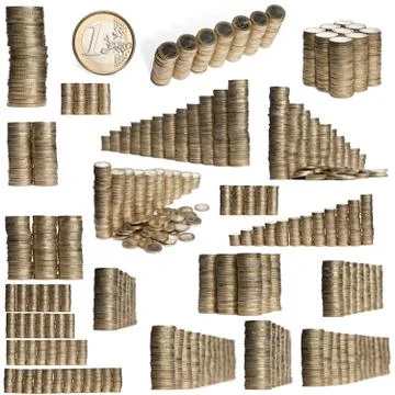 Collage of stacks of 2 Euros Coins in front of white background Stock Photos