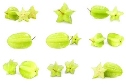 Collage of starfruit on a white background Foto stock