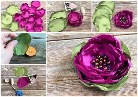 Collage step by step, craft for making a flower from fabric at home Stock Photos