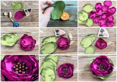 Collage step by step, craft for making a flower from fabric at home Stock-Fotos