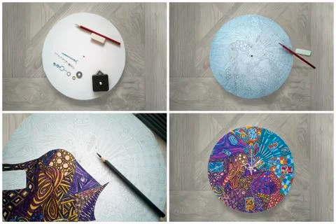 Collage of step-by-step for DIY zentangle round wall clock on canvas Stock Photos