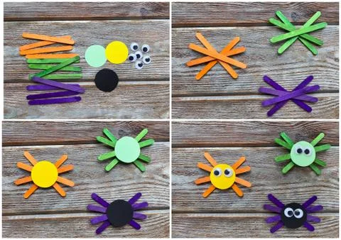 Collage, step by step, how to make a children's craft fun spider, from sticks. Stock Photos