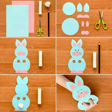 Collage. Step by step instruction. Blue bunny made of colored paper. Easter Stock Photos