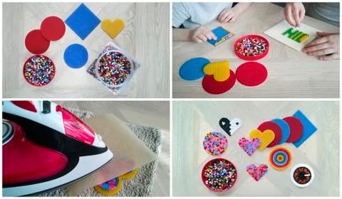 Collage of step-by-step instruction for thermo mosaic with 2 children and beads Stock Photos