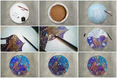 Collage step-by-step instructions for DIY round wall clock on canvas,zentangle Stock Photos