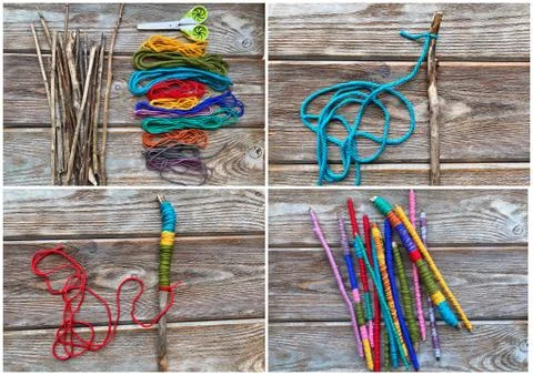 Collage step by step, learn how to make children's craft sticks from yarn. Stock Photos