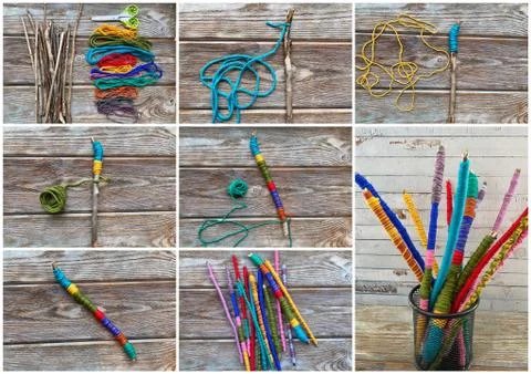 Collage step by step, learn how to make children's craft sticks from yarn. Stock Photos