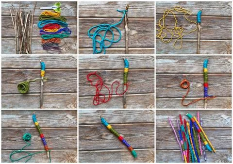 Collage step by step, learn how to make children's craft sticks from yarn. Stock Photos