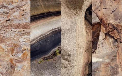 Collage stone texture. Set of different volcano surface. Nature mountain back Stock Photos