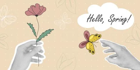 Collage style banner Hello Spring Stock Illustration
