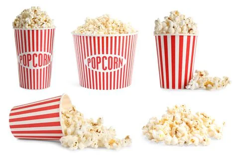 Collage with tasty popcorn on white background Stock Photos